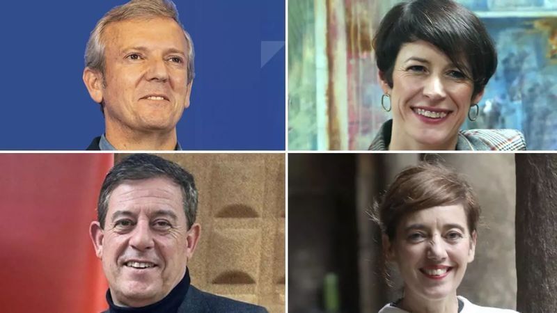 Øverst fra venstre: Alfonso Rueda (PP), Ana Pontón (BNG), Gómez Besteiro (PSdeG) og Marta Lois (Sumar)